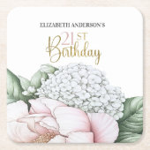 ピンクの芍薬の花の21歳の誕生日  スクエアペーパーコースター (正面)