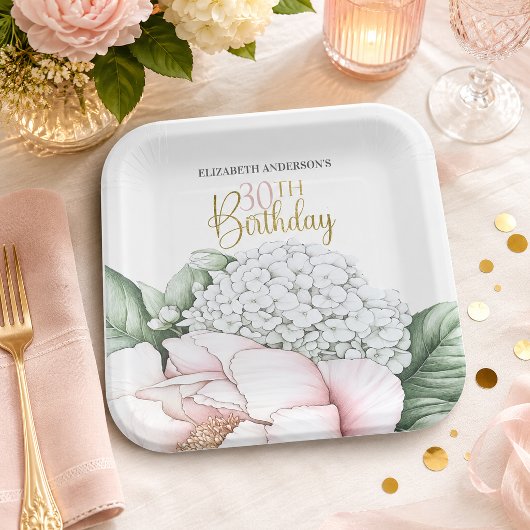 ピンクの芍薬の花の30歳の誕生日  ペーパープレート