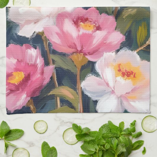 ピンクの芍薬の花束 水彩画 キッチンタオル (折り畳み)