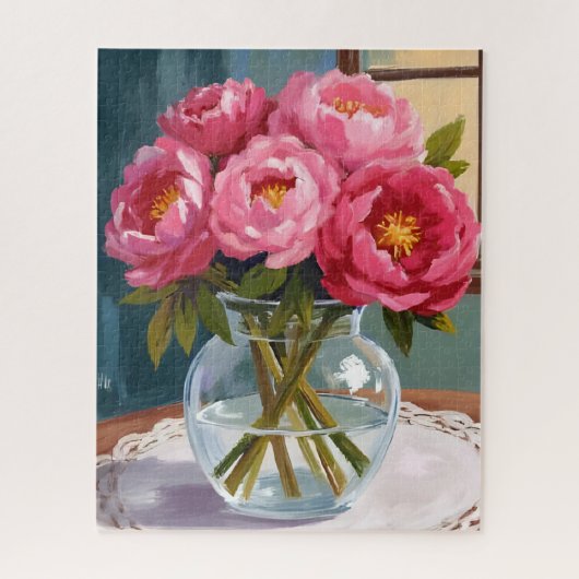ピンクの芍薬の花束 水彩花卉画 ジグソーパズル (縦)