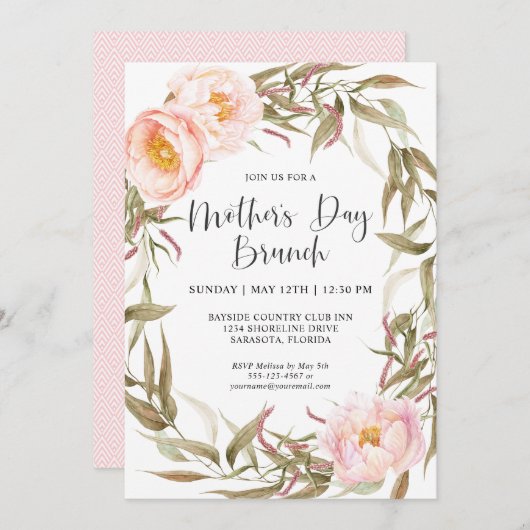 ピンクの芍薬の花輪の母の日のブランチ 招待状 (正面/裏面)