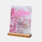 ピンクの芍薬の花 ネオン輝く ウェルカム ブライダルシャワー アクリルサイン (傾斜)