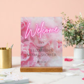 ピンクの芍薬の花 ネオン輝く ウェルカム ブライダルシャワー アクリルサイン (ウェディング)