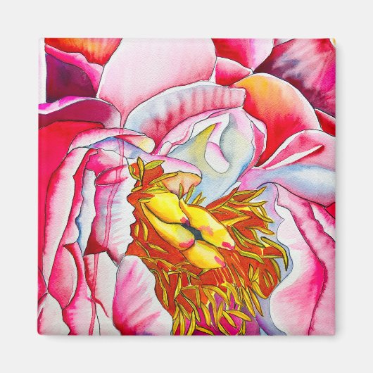 ピンクの芍薬の花 水彩画 マグネット (正面)