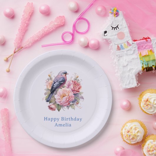 ピンクの芍薬の誕生日を祝う小鳥 ペーパープレート (パーティー)
