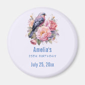 ピンクの芍薬の誕生日パーティーの日付の上にとまる小鳥 マグネット (正面)
