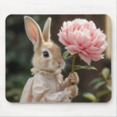 ピンクの芍薬を持つウサギ マウスパッド (正面)
