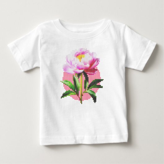 ピンクの芍薬ドットモザイクフラワー ベビーTシャツ (正面)