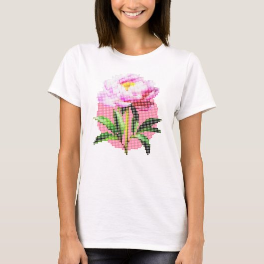 ピンクの芍薬ドットモザイクフラワー Tシャツ (正面)