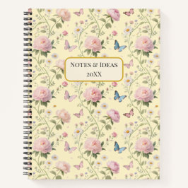 ピンクの芍薬蝶の花柄 ノートブック