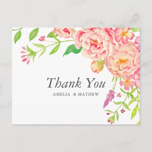 ピンクの芍薬 ウェディング サンクス ポストカード (正面)