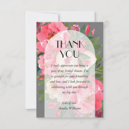 ピンクの芍薬 グレイ ブライダル シャワー サンキューカード