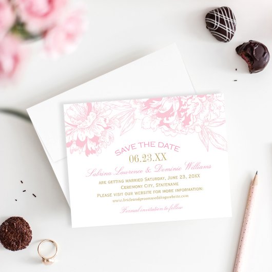 ピンクの芍薬 ゴールドアクセントの結婚式 セーブザデート