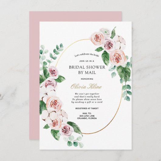 ピンクの芍薬 ゴールドフレーム ウェディングシャワー by メール 招待状 (正面/裏面)