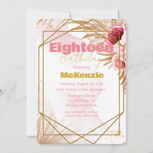ピンクの芍薬 ゴールド グリッター 18歳の誕生日パーティー 招待状 (正面)
