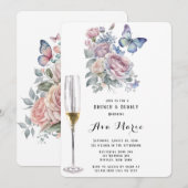 ピンクの芍薬 ダスティーブルーの蝶のブランチ＆バブル 招待状 (正面/裏面)