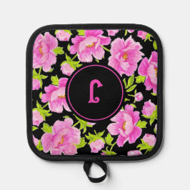 ピンクの芍薬 フラワーモノグラム 鍋つかみ&鍋敷きセット