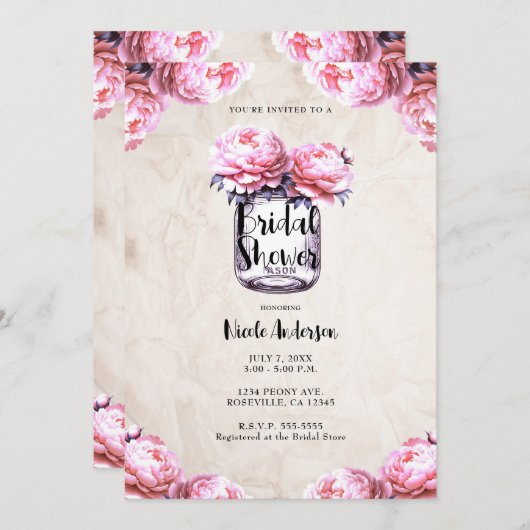 ピンクの芍薬 メイソンジャー ラスティック ブライダルシャワー 招待状 (正面/裏面)