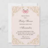 ピンクの芍薬 ロココ ヴィンテージ フラワーズ ベビー シャワー 招待状 (正面)