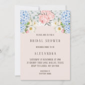 ピンクの芍薬 ロマンティック ブルー アジサイ ブライダル シャワー 招待状 (正面)