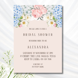 ピンクの芍薬 ロマンティック ブルー アジサイ ブライダル シャワー 招待状