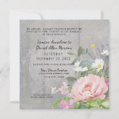 ピンクの芍薬 ワイルドデイジー グレー ラスティックウッド 招待状 (正面)