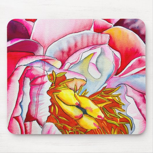 ピンクの芍薬 水彩画 ファインアート マウスパッド (正面)