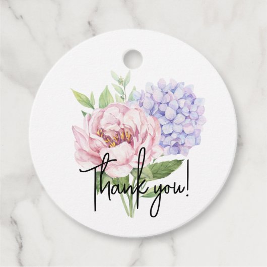 ピンクの芍薬 紫の紫陽花の茎 ウェディング フェイバータグ (正面)