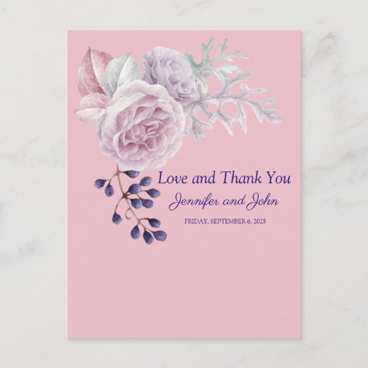 ピンクの芍薬 紫幾何学フレーム ありがとうございます ポストカード (正面)