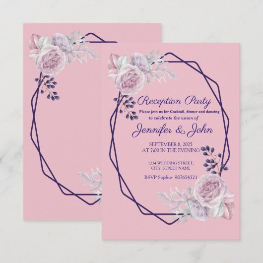 ピンクの芍薬 紫幾何学フレーム 受付案内 招待状 (正面/裏面)