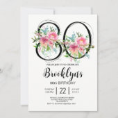 ピンクの芍薬 80歳の誕生日 招待状 (正面)