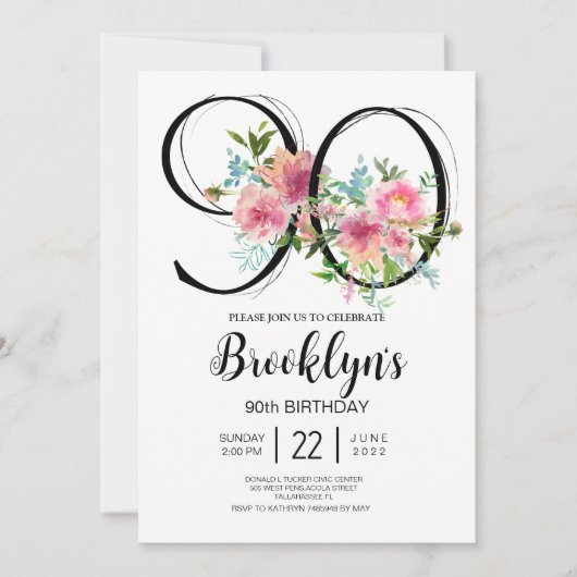 ピンクの芍薬 90歳の誕生日 招待状 (正面)