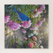 ピンクの芙蓉に止まる青い鳥 ジグソーパズル (横)