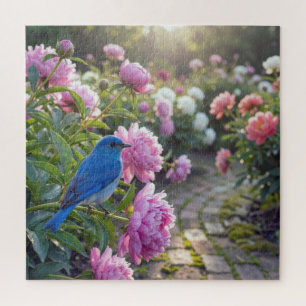 ピンクの芙蓉に止まる青い鳥 ジグソーパズル
