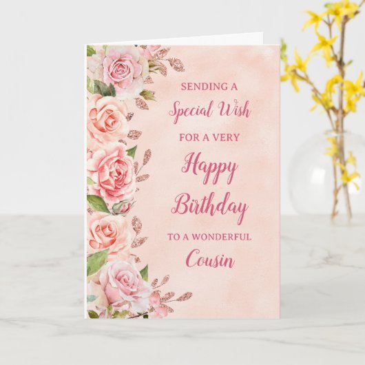 ピンクの花いとこの誕生日カード カード (黄色い花)