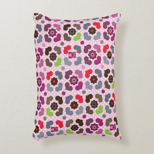 ピンクの花およびフクロウパターン アクセントクッション (正面(垂直))