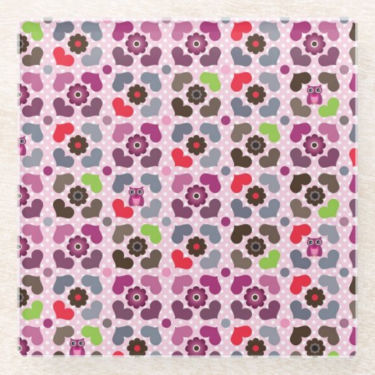 ピンクの花およびフクロウパターン ガラスコースター (正面)