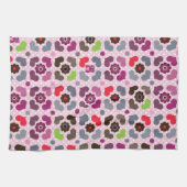 ピンクの花およびフクロウパターン キッチンタオル (横)