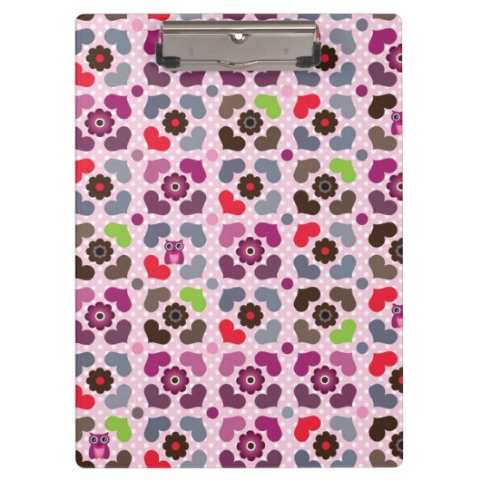ピンクの花およびフクロウパターン クリップボード (正面)