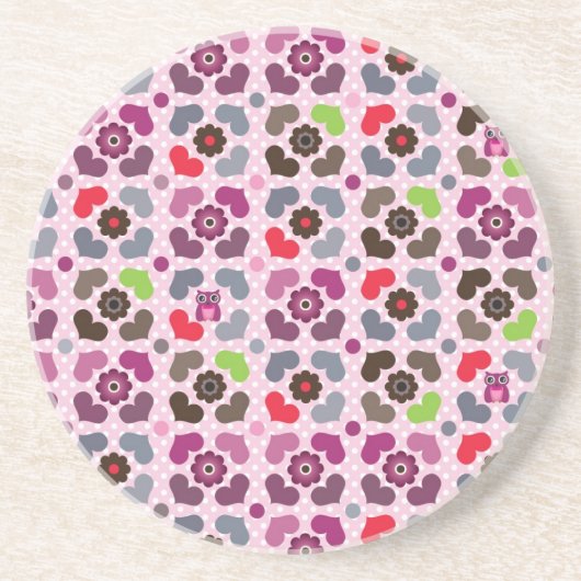 ピンクの花およびフクロウパターン コースター (正面)