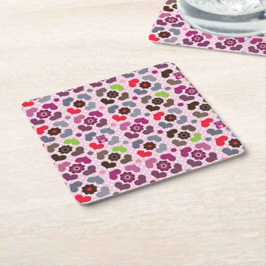 ピンクの花およびフクロウパターン スクエアペーパーコースター (アングル)