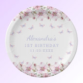 ピンクの花お洒落蝶の最初の誕生日 ペーパープレート