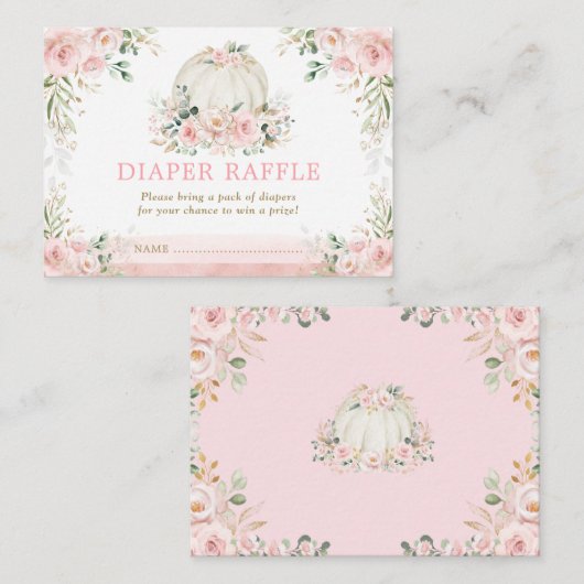ピンクの花かぼちゃの女の子ベビーシャワーおむつラッフル エンクロージャーカード (正面/裏面)