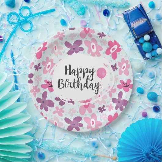 ピンクの花かわいいパタお洒落ーン誕生日 ペーパープレート (パーティー)