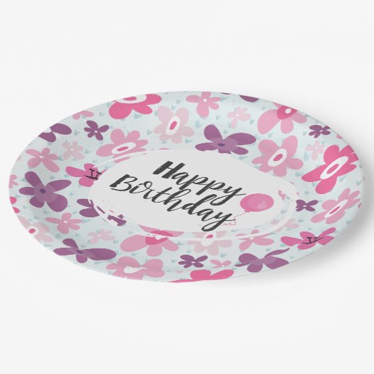 ピンクの花かわいいパタお洒落ーン誕生日 ペーパープレート (アングル)