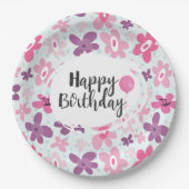 ピンクの花かわいいパタお洒落ーン誕生日 ペーパープレート (正面)