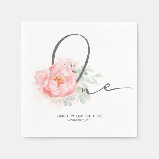 ピンクの花かわいい1st誕生日パーティーナプキンス スタンダードカクテルナプキン (正面)