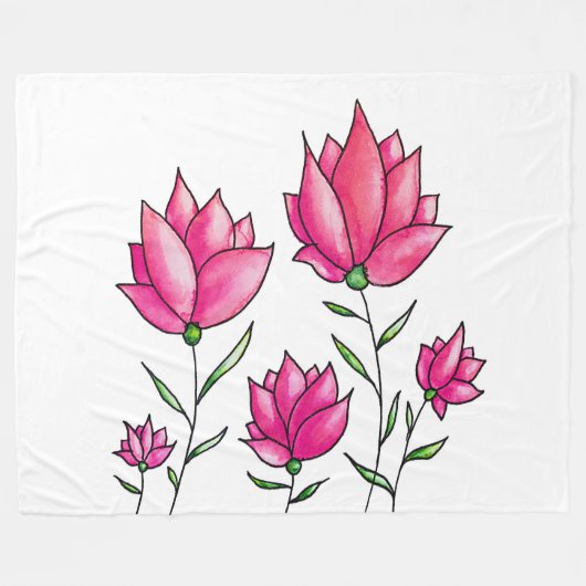 ピンクの花かわいらしミニマルなインクウォーターカラーアート フリースブランケット (正面(横))