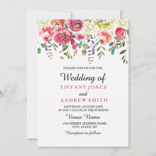 ピンクの花かわいらし熱帯結婚式招待状 招待状 (正面)