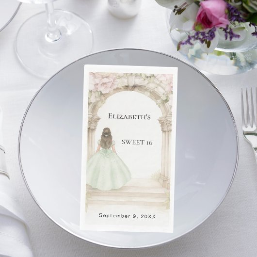 ピンクの花がアーチ状に飾られた緑のドレス　スイート16のランチョン